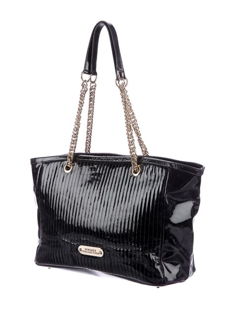 versace collection patent leather tote eggplant|Versace Collection Patent Leather Tote .